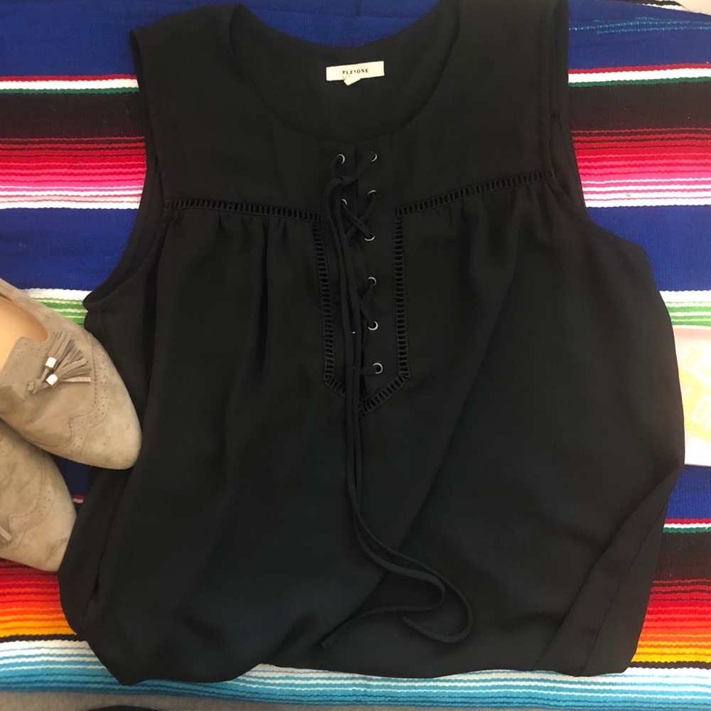 Pleione Black Lace Up Tie Blouse Medium Sleeveless